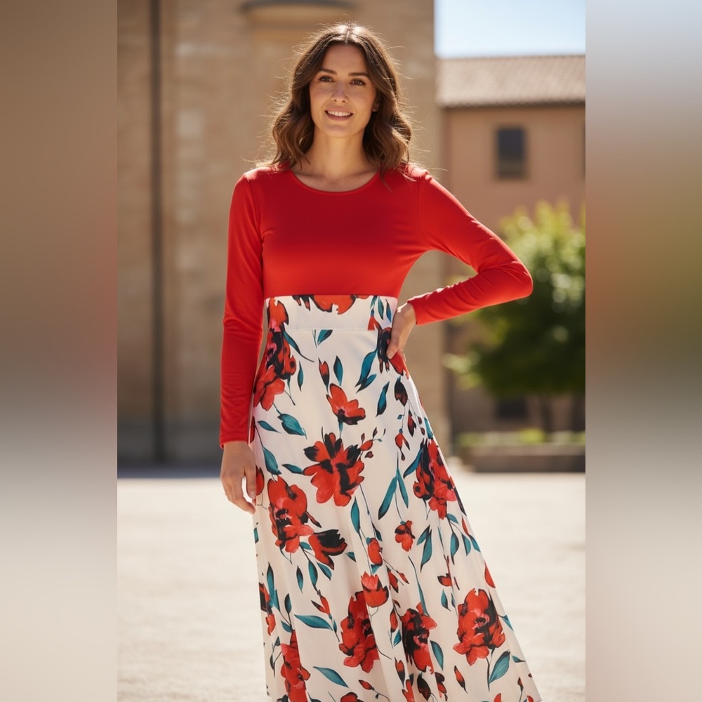 Amazon Red and White Floral Maxi Dress